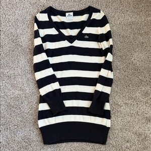 Lacoste Women's V-Neck Striped Sweater in Navy and Cream